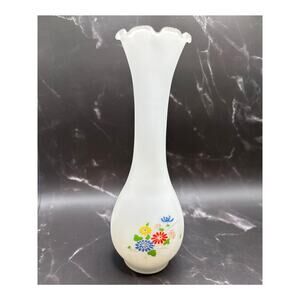 White Vase Frosted Satin Glass Hand Painted Delicate Flower Pattern 1980s